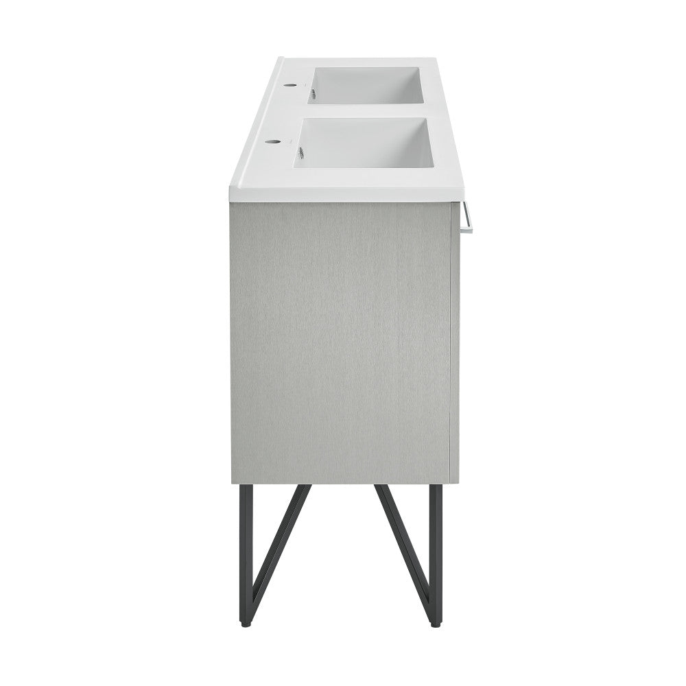 60-inch freestanding gray bathroom vanity with single integrated sink and modern metal legs.