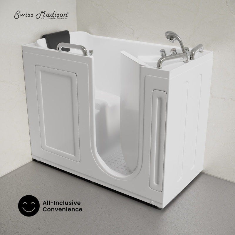 Auvergne 53" x 27" ADA Right Drain Walk-in Soaking Bathtub in Glossy White, Faucet Set, Drain, Grab Bars, Pillow Included