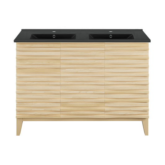 Cascade 48 in. Natural Oak, Double Basin Bathroom Vanity With Black Ceramic Sink Top