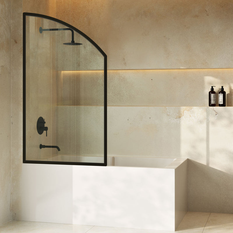 Demi 34 x 58 Framed Fixed 3/8 in. (10mm) Clear Tempered Glass Tub Door with Black Matte Frame