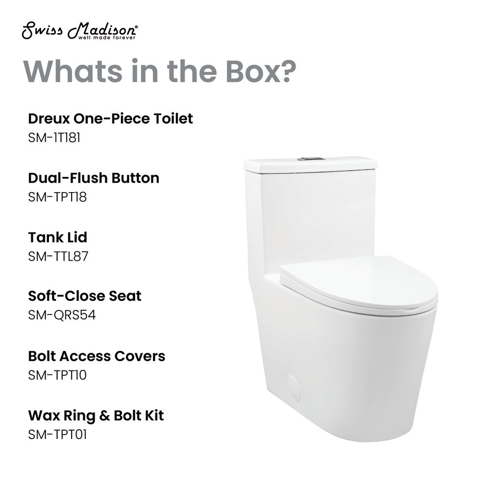 Elongated one-piece toilet in white with dual flush buttons and soft-close seat.