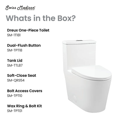 Elongated one-piece toilet in white with dual flush buttons and soft-close seat.