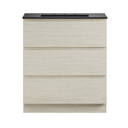 Liberte 30" Freestanding Bathroom Vanity in White Oak with Black 3-Hole Widespread Sink Top