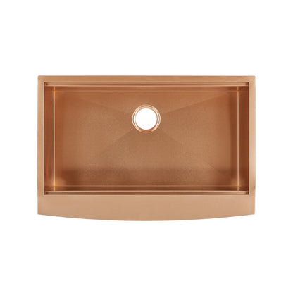 33 x 22-inch single basin farmhouse kitchen sink with apron front in rose gold stainless steel.