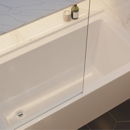 Glossy white alcove skirted bathtub with left drain and glass shower screen panel.