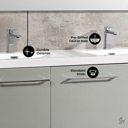 60-inch freestanding gray bathroom vanity with single sink and chrome faucet, soft-close doors.