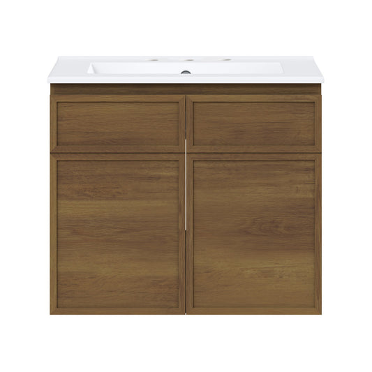 St. Tropez 24" Wall-Mounted Bathroom Vanity in Brown Oak with 3-Hole Widespread Sink Top