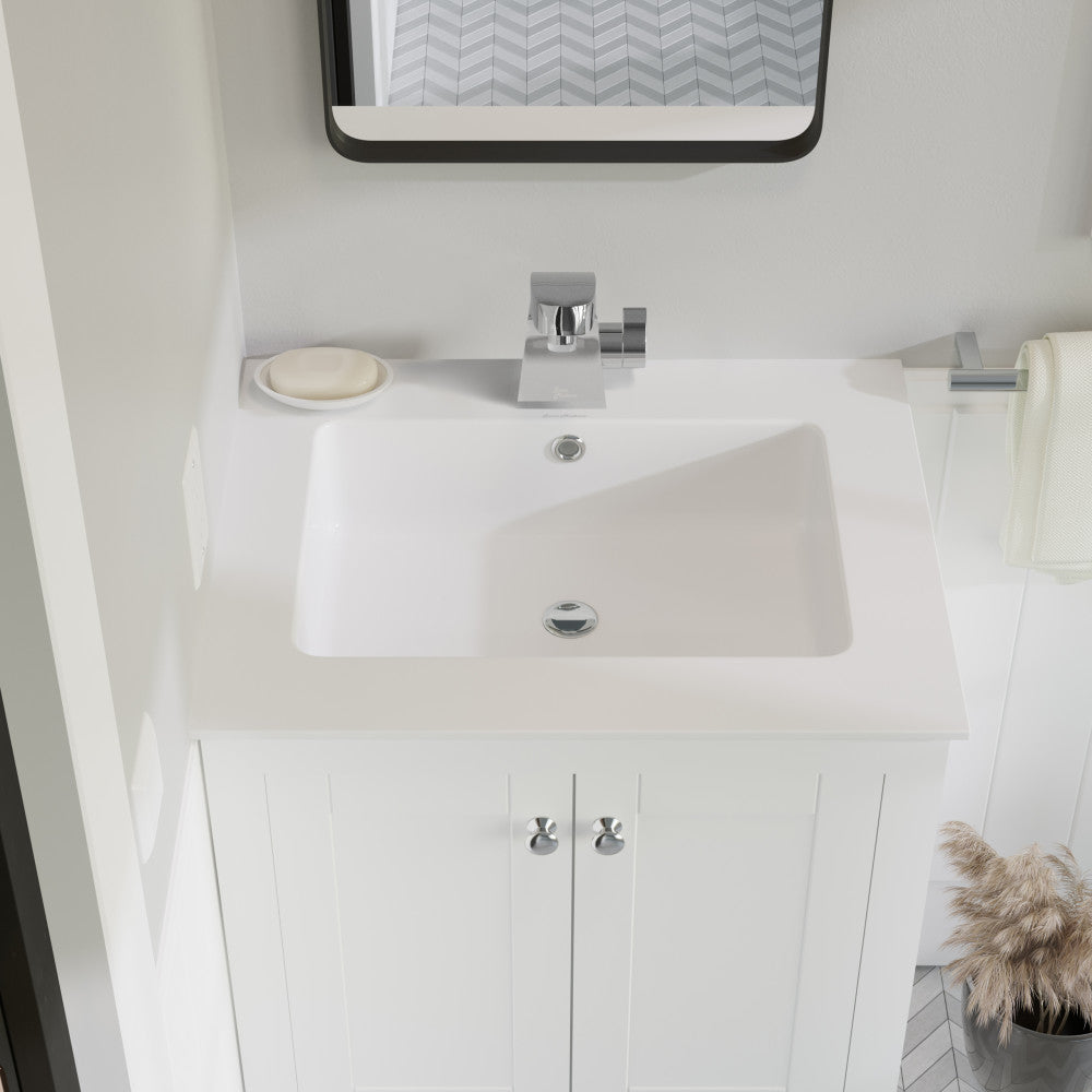 25-inch white vanity top sink with single faucet hole and rectangular integrated basin.