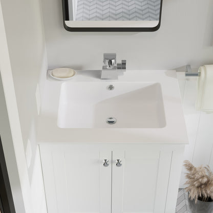 25-inch white vanity top sink with single faucet hole and rectangular integrated basin.