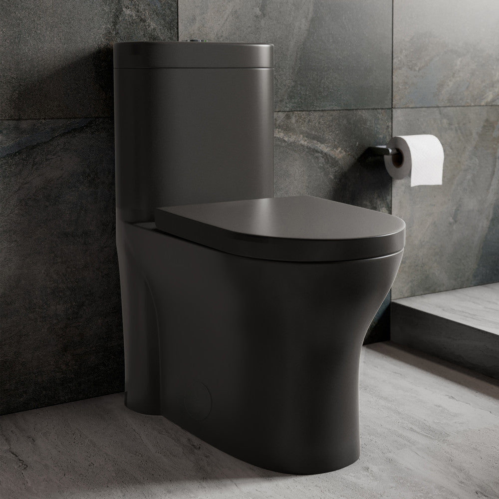 Elongated one-piece toilet in matte black, dual-flush with sleek skirted trapway design.