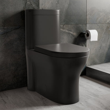Elongated one-piece toilet in matte black, dual-flush with sleek skirted trapway design.