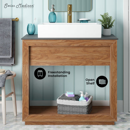 36-inch freestanding bathroom vanity in natural teak with open shelf and white rectangular sink top.