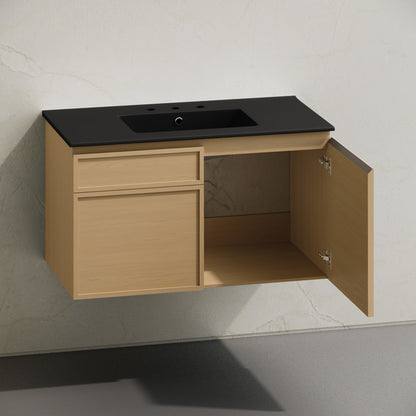 St. Tropez 36" Wall-Mounted Bathroom Vanity in Natural Oak with Black 3-Hole Widespread Sink Top