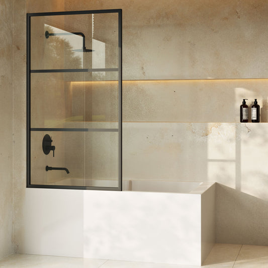 Claire 34 x 58 Framed Fixed 3/8 in. (10mm) Clear Tempered Glass Tub Door with Black Matte Frame