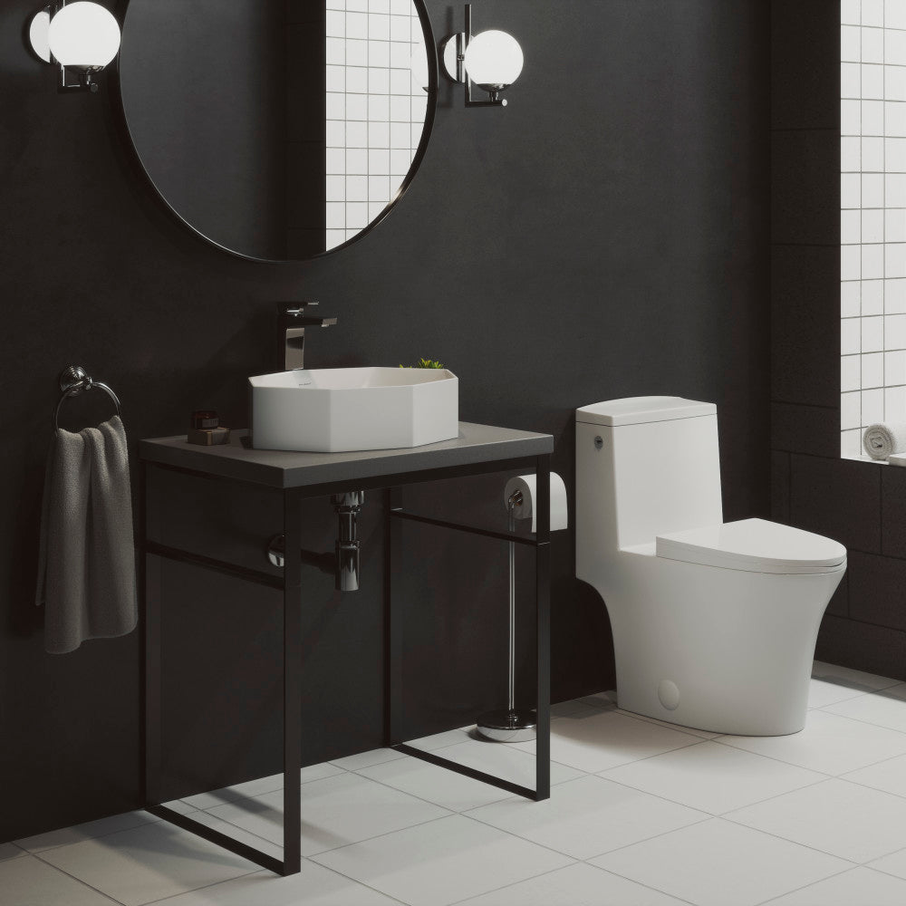 Elongated one-piece white toilet with dual-flush and touchless feature in modern bathroom setting.
