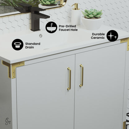 Voltaire 36" Freestanding Bathroom Vanity in White with Sink Top