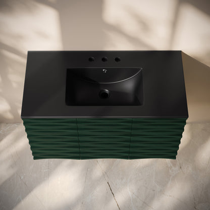 Cascade 36" Wall-Mounted Bathroom Vanity in Green Oak with Black 3-Hole Widespread Sink Top