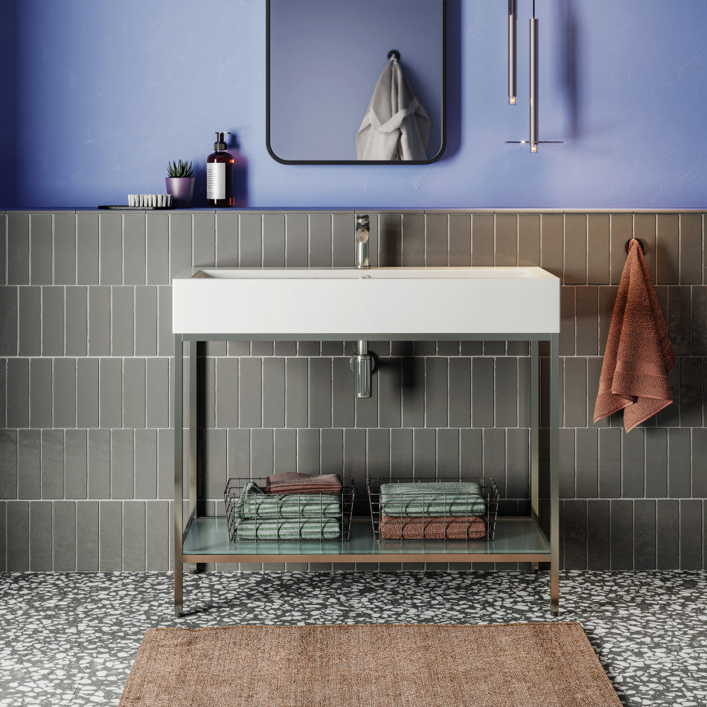 40-inch freestanding chrome bathroom vanity with open shelf and rectangular white ceramic sink.