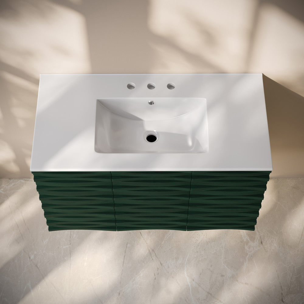 Cascade 36" Wall-Mounted Bathroom Vanity in Green Oak with 3-Hole Widespread Sink Top