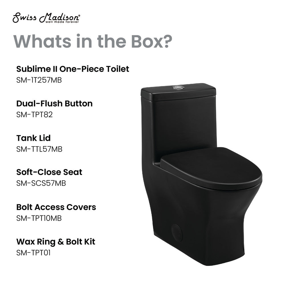 Round one-piece compact toilet in matte black, dual flush, soft-close seat, skirted trapway.