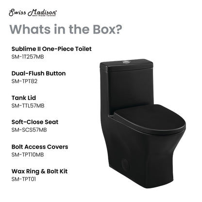 Round one-piece compact toilet in matte black, dual flush, soft-close seat, skirted trapway.