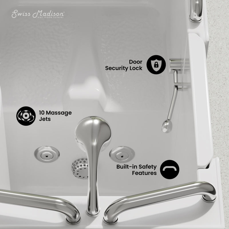 Auvergne 53" x 27" ADA Left Drain Walk-in Soaking Bathtub with Massage Jets in Glossy White, Faucet Set, Drain, Grab Bars, Pillow Included