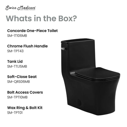 Elongated one-piece matte black toilet with soft-close seat and chrome flush handle, left-hand flush.