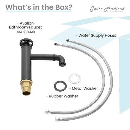 Single-handle bathroom faucet in matte black, wheel handle, includes water supply hoses and washers.