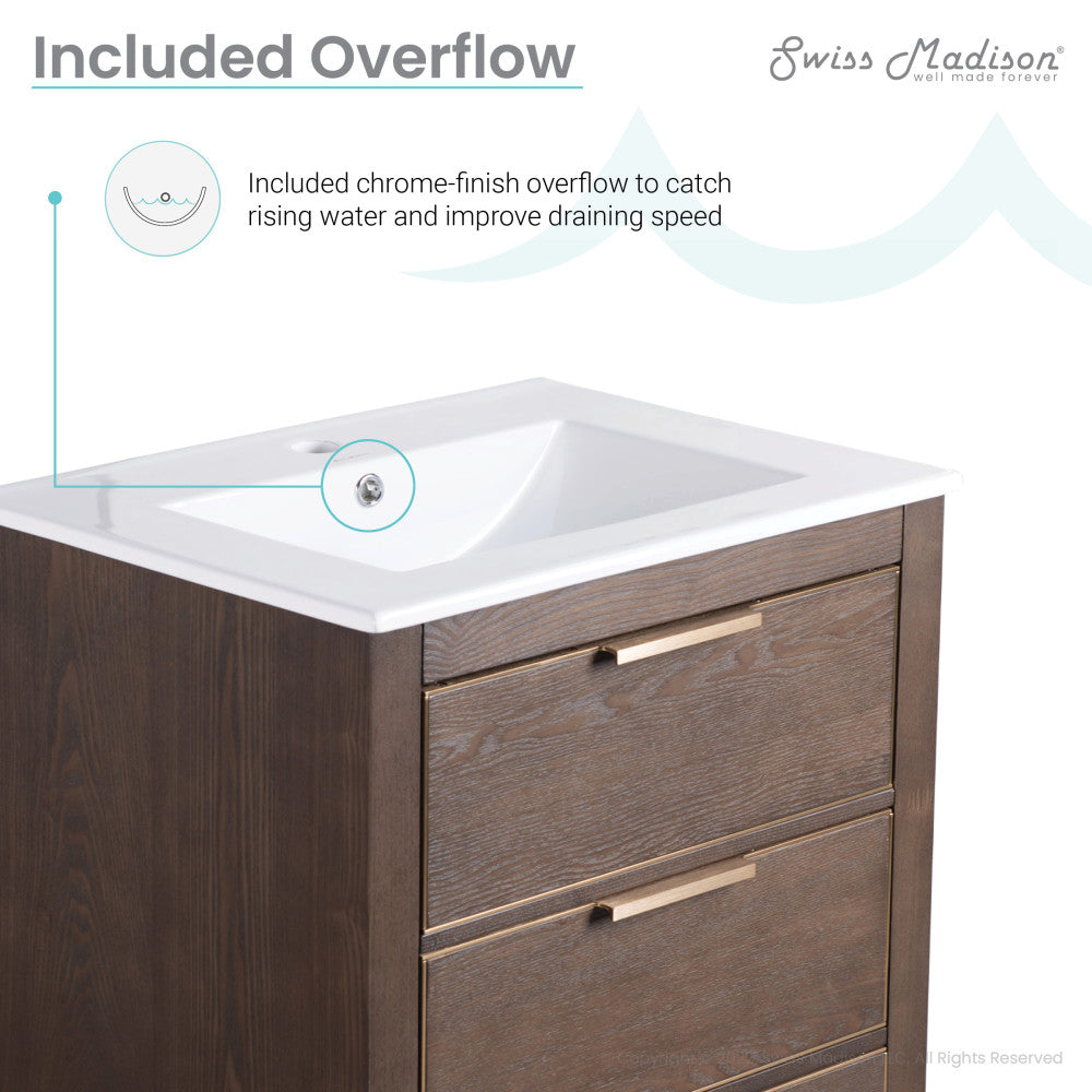 24-inch freestanding brown oak bathroom vanity with single sink and chrome faucet overflow.