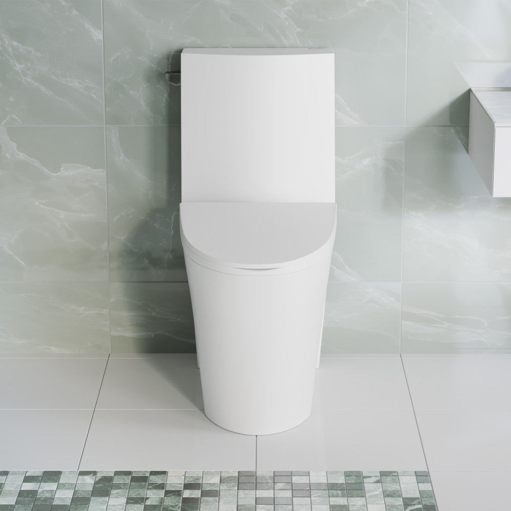 Elongated one-piece toilet with side flush in white, sleek modern design, compact skirted trapway style.
