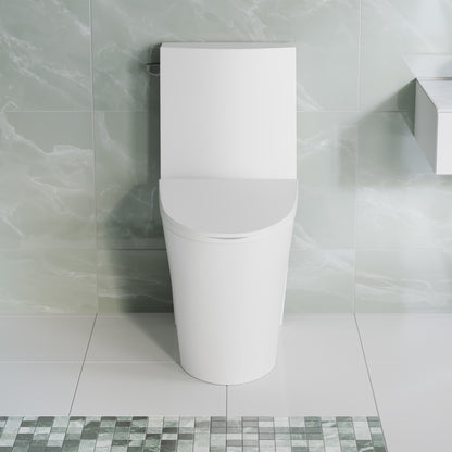 Elongated one-piece toilet with side flush in white, sleek modern design, compact skirted trapway style.