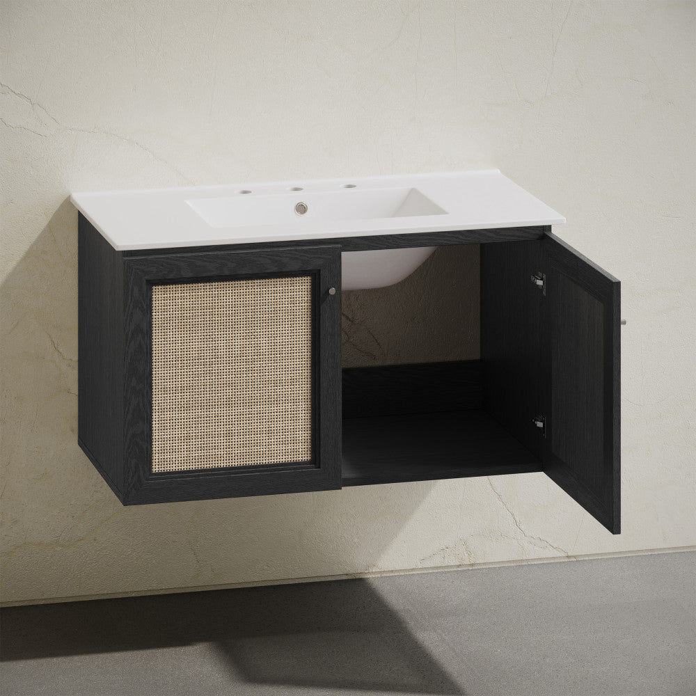 Classe 36" Wall-Mounted Bathroom Vanity in Black Oak with Widespread Faucet Holes Vanity Top