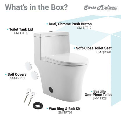 Elongated one-piece toilet with dual flush and soft-close seat, white ceramic.