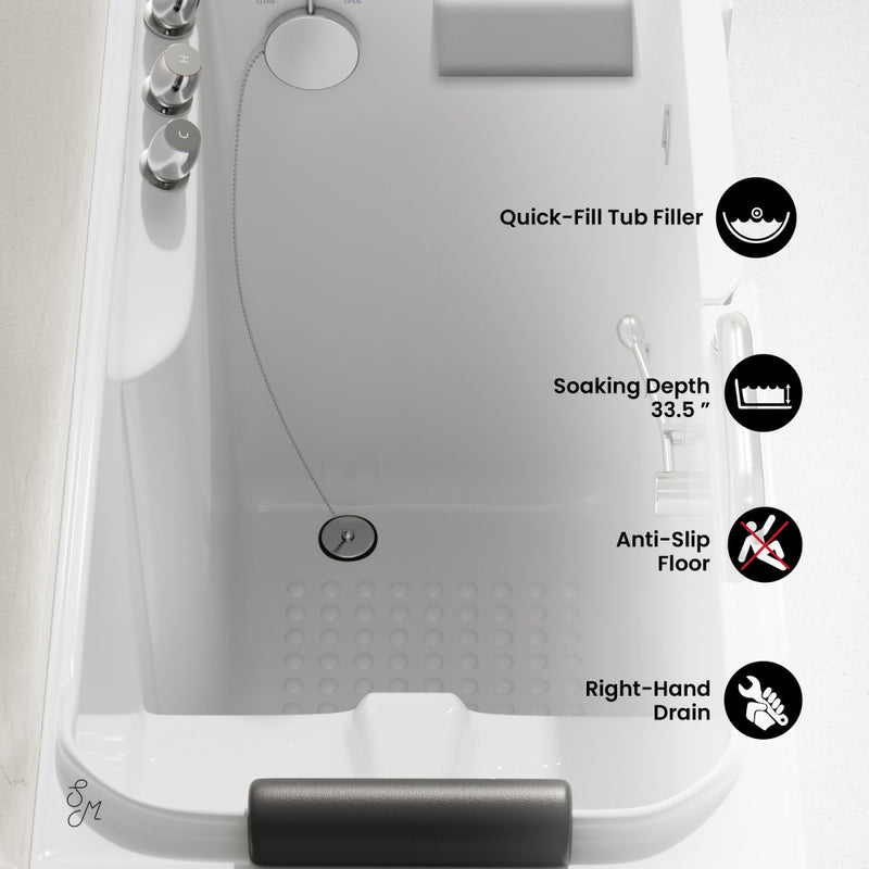 Auvergne 53" x 27" ADA Right Drain Walk-in Soaking Bathtub in Glossy White, Faucet Set, Drain, Grab Bars, Pillow Included