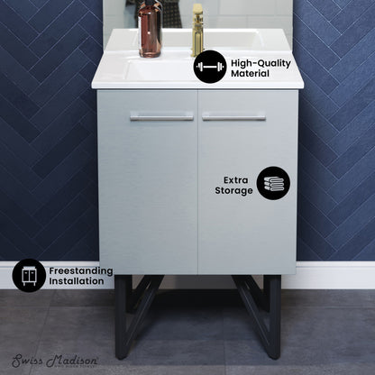 24-inch freestanding bathroom vanity in gray with single sink and extra storage doors.