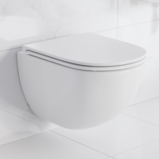 Elongated wall-hung toilet bowl in white with soft-close seat, sleek modern design.