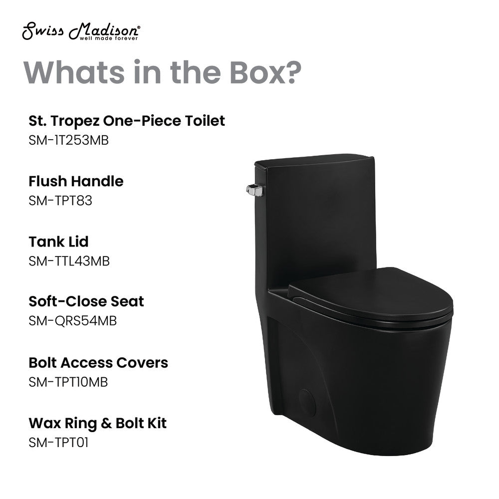 Elongated one-piece matte black toilet with left side vortex flush handle, 1.28 gallons per flush.
