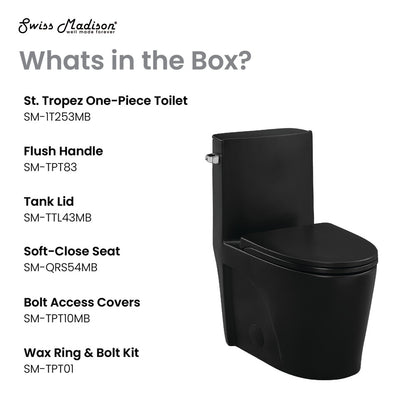 Elongated one-piece matte black toilet with left side vortex flush handle, 1.28 gallons per flush.