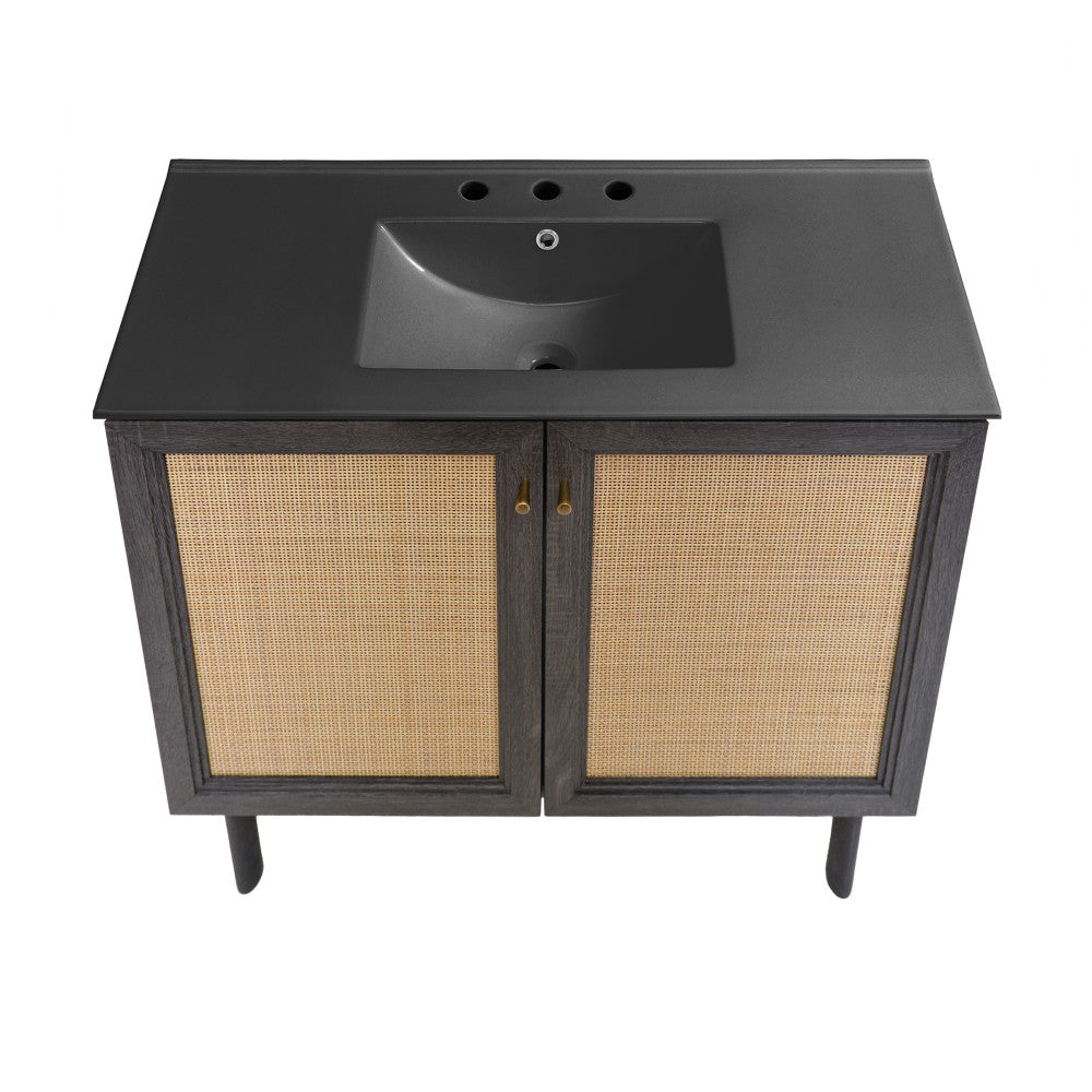 Classe 36" Freestanding Bathroom Vanity in Black Oak with Black 3-Hole Widespread Sink Top