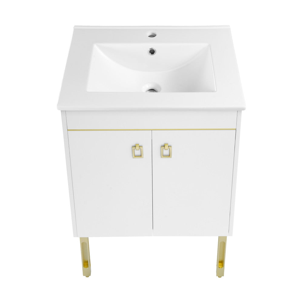24-inch freestanding white bathroom vanity with single sink and gold hardware legs.