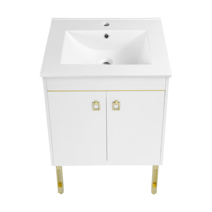 24-inch freestanding white bathroom vanity with single sink and gold hardware legs.