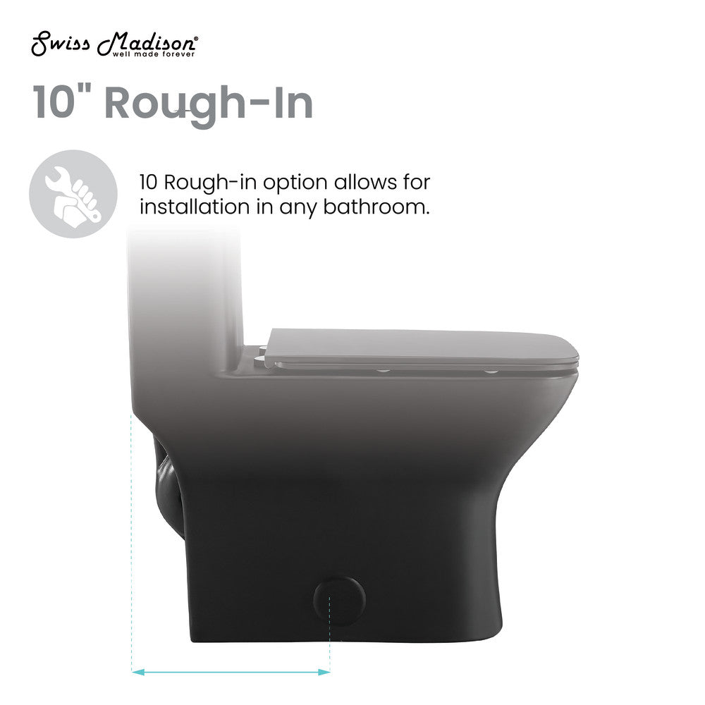 Elongated one-piece matte black toilet, dual flush, 10-inch rough-in, skirted trapway design.
