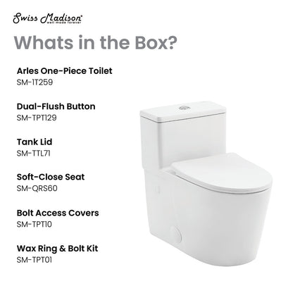 Elongated one-piece toilet, dual-flush, soft-close seat, compact design.