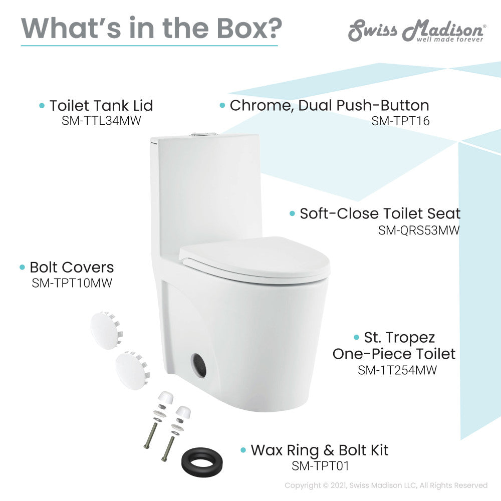 Elongated one-piece toilet in matte white with dual-flush and soft-close seat.