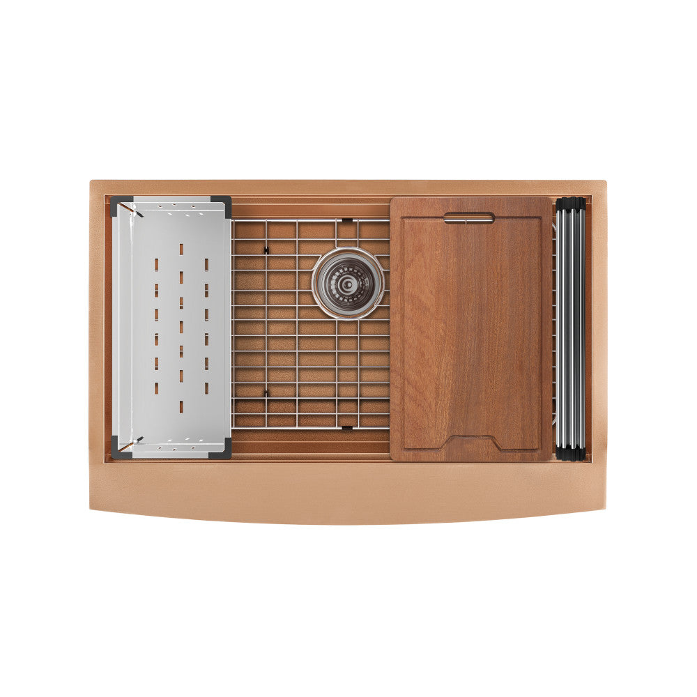 33 x 22-inch rose gold stainless steel farmhouse sink with single basin and wooden workstation accessories.