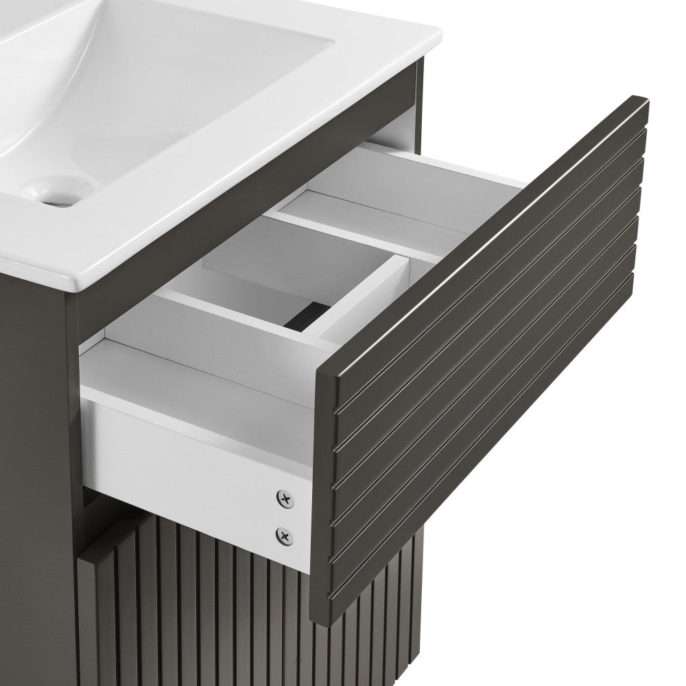24-inch freestanding bathroom vanity in cedar gray with soft-close drawer and white countertop.