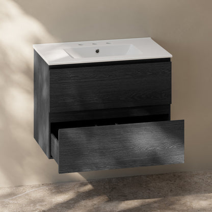Liberte 30" Wall-Mounted Bathroom Vanity in Black Oak with 3-Hole Widespread Sink Top