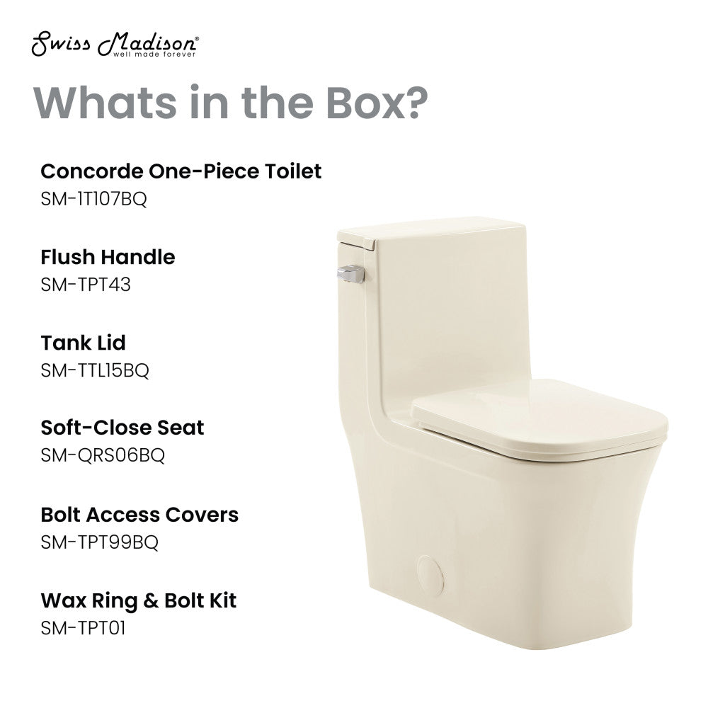 Elongated one-piece toilet in bisque with left side flush handle, soft-close seat, compact design.