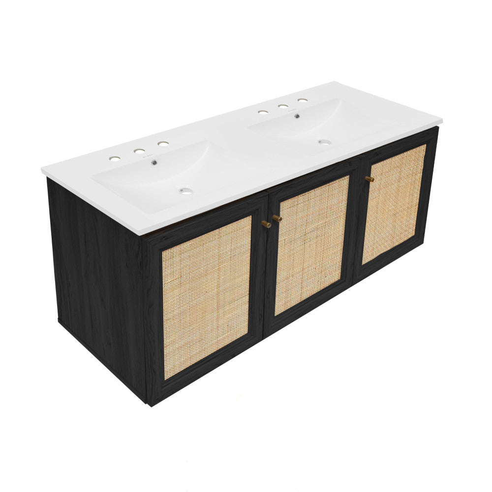 Classe 48" Wall-Mounted Bathroom Vanity in Black Oak with 3-Hole Centerset Double Basin Sink Top