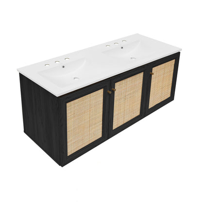 Classe 48" Wall-Mounted Bathroom Vanity in Black Oak with 3-Hole Centerset Double Basin Sink Top